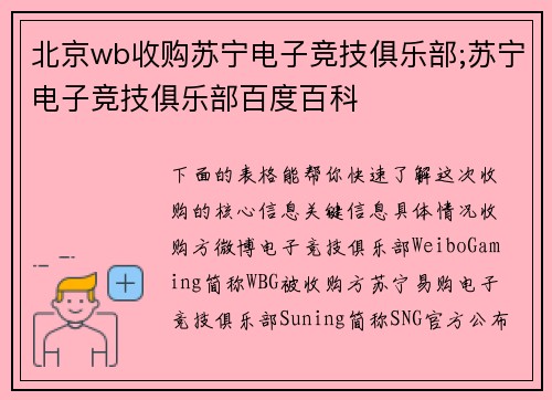 北京wb收购苏宁电子竞技俱乐部;苏宁电子竞技俱乐部百度百科